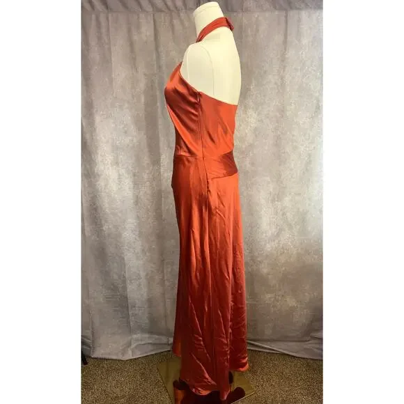 ABS  Formal Halter Keyhole Gown Satin-Style Rust Prom Gala Dress - Picture 8 of 11